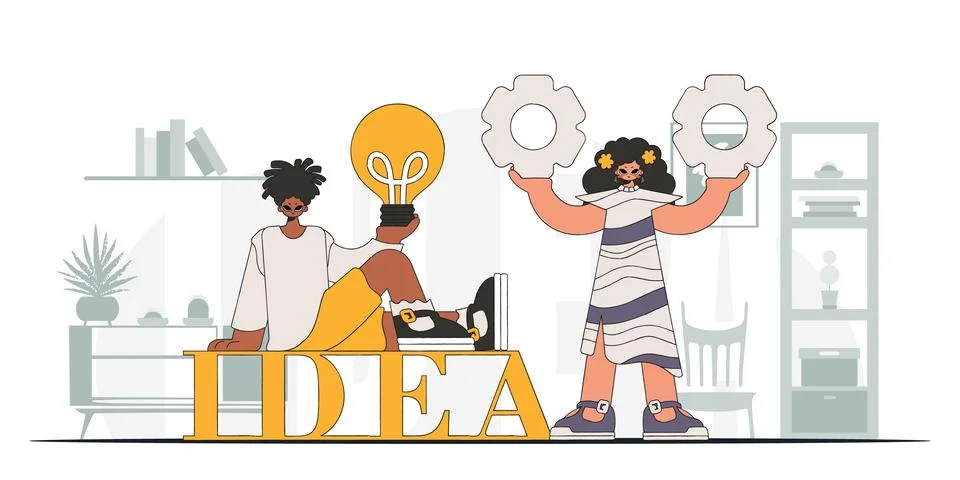 The fashion team solves problems and generates ideas. Light bulb and gears .. 스톡 일러스트