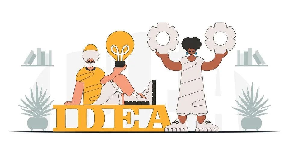 The fashion team solves problems and generates ideas. Light bulb and gears .. 스톡 일러스트