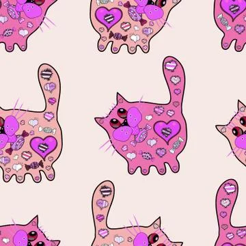 Fashionable fabric pattern. Seamless pattern Print. Vector. Cat image doodles pi Stock Illustration
