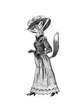 Fashionable fox in clothes. Antique lady. Victorian dame. Ancient Retro Clothing Stock Illustration