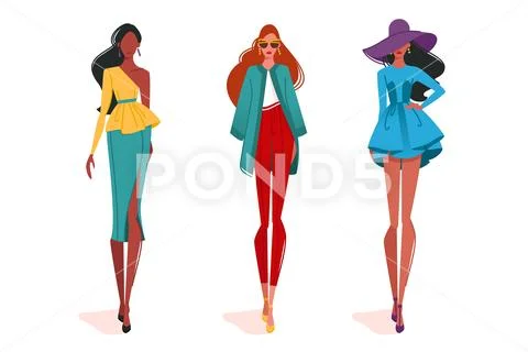 Fashionable girls in motion, on fashion show. Stock Illustration