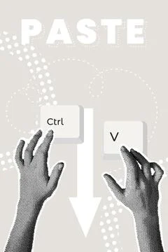 Fashionable halftone collage. CTRL V key combination. Paste from cloud. Keyboard Illustrazione stock