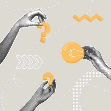 Fashionable halftone collage. Problem solving concept, question answer Illustrazione stock