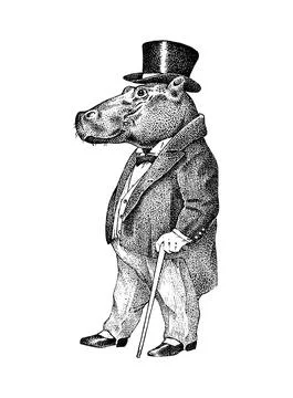 Fashionable hippopotamus. Antique gentleman in a jacket and a top hat. Victorian Stock Illustration