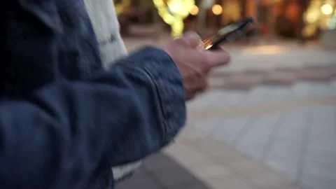 Fashionable Man Texting While Walking in Park with Christmas Lights Stock Footage 142485298