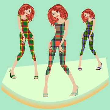 Fashionable models posing on podium in various checkered dresses Stock Illustration
