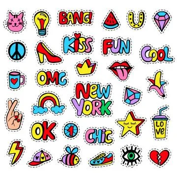 Fashionable patch badges set, isolated on white background Stock Illustration