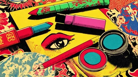Fashionable pattern with makeup brushes, beauty products, and pencils Stock Footage 308055434