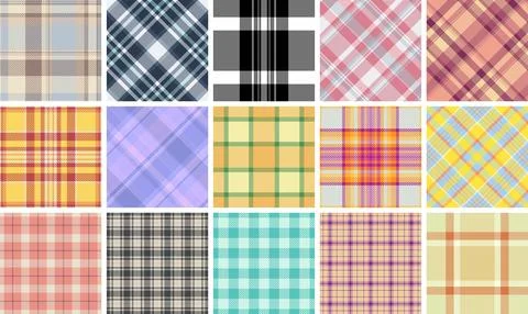 A fashionable set of plaid textile patterns with geometric squares and stri.. Stock Illustration