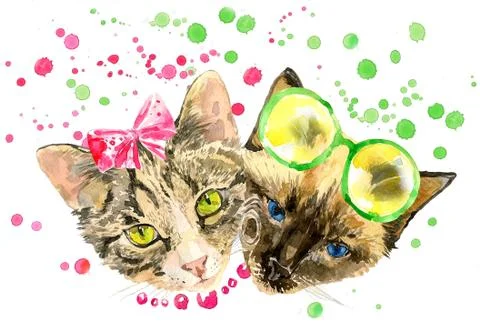Fashionable watercolor cats isolated on white background Stock Illustration
