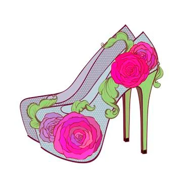 Fasion high - heel shoes with rosesand vintage leaves Stock Illustration