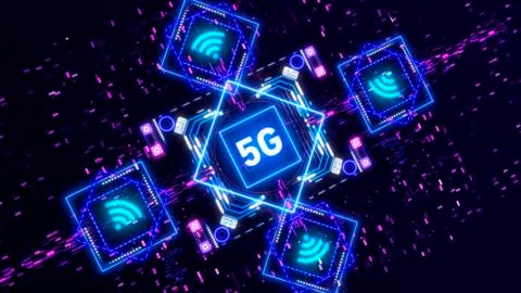 Fast 5g mobile network symbol on futuristic background. Internet technology sign Stock Illustration