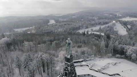 Fast Aerial Circle Point of Interest around the Hercules Monument in Cassel Stock Footage 152347141
