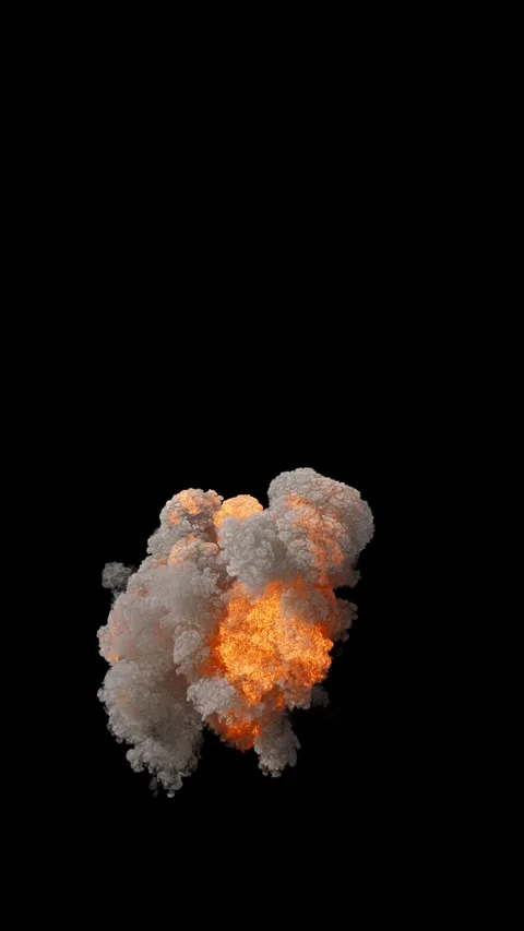 Fast Aerial Large Explosion with Trails of tiny debris and dense Smoke on black Video stock 311802321