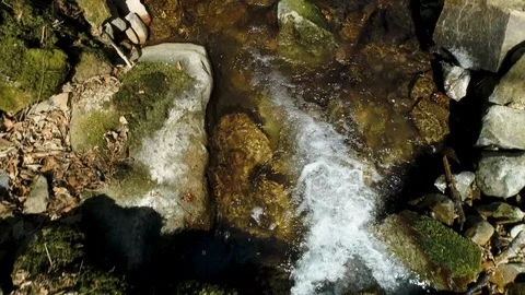 Fast Aerial view as close-up over a torrent with small waterfalls Stock Footage 128718029