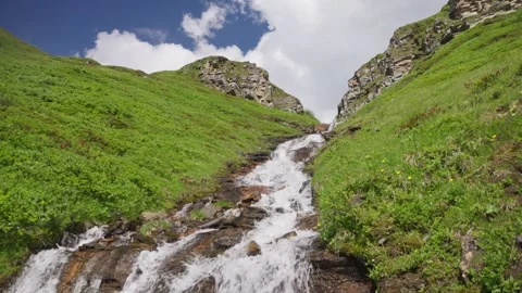 Fast Alpine Stream Cutting Through Steep Nassfeld Pass Meadow Video stock 345517454