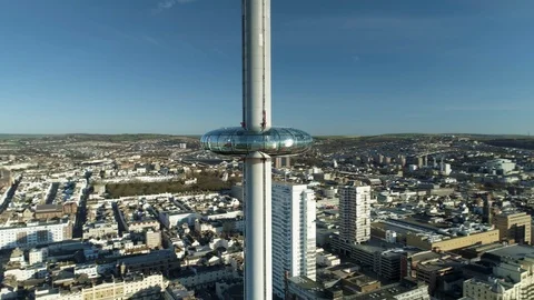 Fast and close panning movement around British Airways i360, drone aerial 4K Stock Footage 101206206