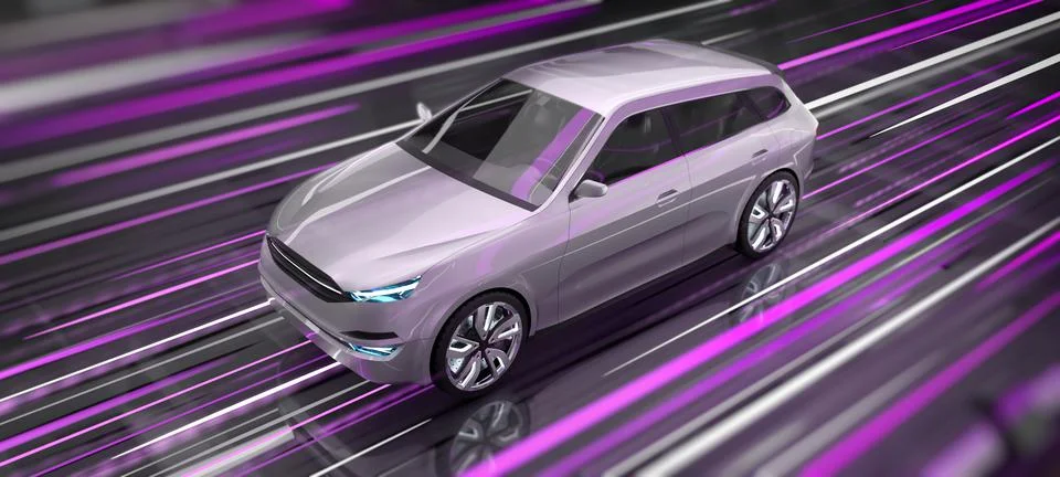 Fast and modern SUV car ride in shiny neon blurred lines. Futuristic 3d illu Stock Illustration