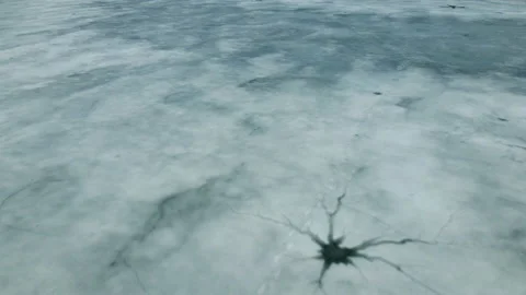 Fast and Speedy Close up drone view on ice on the lake or river. Cracking and Stock Footage 154969271