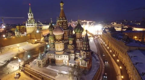 Fast approach to St. Basil's Cathedral and Red square, frozen WINTER Moscow Stock-Footage 60440351