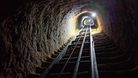 Fast Ascending Flight Through Ancient Underground Mithra Temple Stairway Stock Footage 340453408