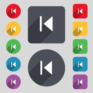Fast backward icon sign. A set of 12 colored buttons and a long shadow. Flat  Stock Illustration