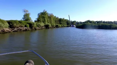 Fast boat driving on Danube Delta channels Video stock 80708116