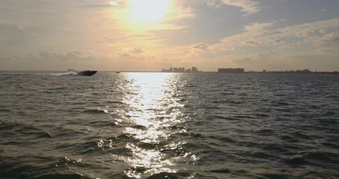 Fast Boat Passing By Left To Right At Sunset Off Of Miami Coast Stock Footage 105423615