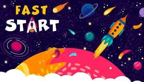 Fast business start. Space rocket launch with fire Illustrazione stock