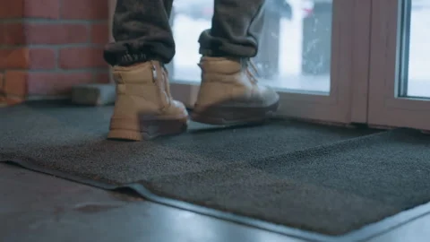 Fast cafe entry. Rapid approach to warm cafe environment with snowy streets Stock Footage 345171454