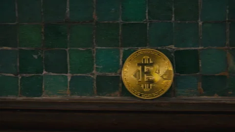 Fast camera move past bitcoin standing against vintage green tiles Stock Footage 320926448
