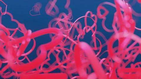 Fast camera rotation around chaotically moving heart symbols. 3d render looped a Video stock 310507765