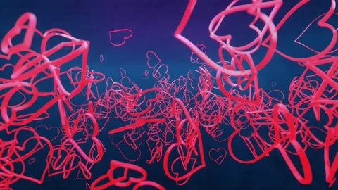 Fast camera rotation around chaotically moving heart symbols. 3d render looped a Video stock 310507775