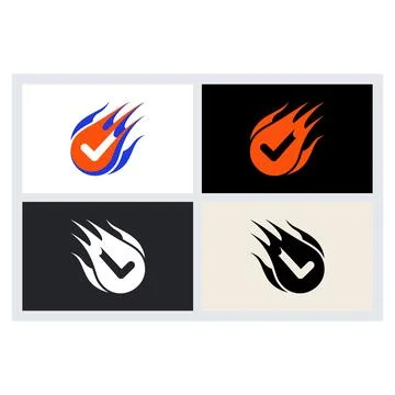 Fast Check Mark Fire Logo Vector Set Stock Illustration