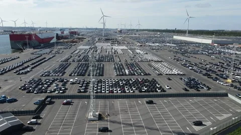 Fast circular move toward ordered vehicle rows Stock Footage 337966893