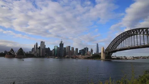 Fast clouds over Sydney city CBD skyline across harbour in timelapse 4k. Stock Footage 166924621