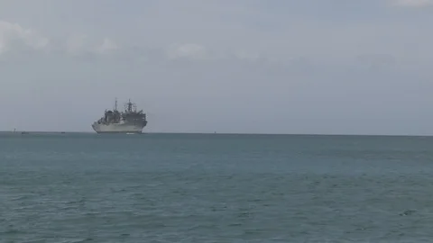 The fast combat ship T-AOE 7 arrives at Joint Base Pearl Harbor-Hickam - 2016 Stock Footage 93131261