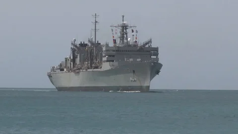 The fast combat ship T-AOE 7 arrives at Joint Base Pearl Harbor-Hickam - 2016 Stock Footage 93131262