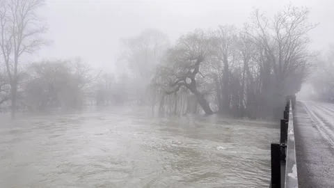 Fast current on Thames River - flooding and thick fog in England Stock Footage 267390016