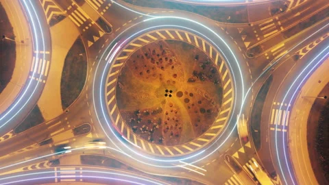 Fast data traffic lines on roundabout with fast moving cars. Top view Stock Footage 149235335
