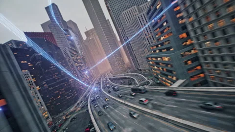 Fast Data Transfer Optical Rays Passing Through Busy Downtown Urban City FPV Stock Footage 206819373