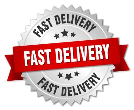 Fast delivery 3d silver badge with red ribbon Illustrazione stock
