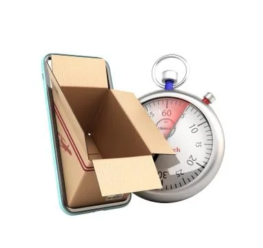 Fast delivery concept boxes peep out of the screen of a mobile phone next to  Stock Illustration