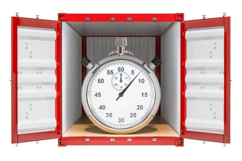 Fast delivery concept. Cargo container with chronometer inside, 3D rendering Stock Illustration
