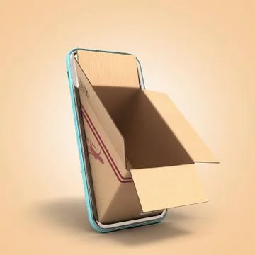 Fast delivery concept empty oprn box peep out of the screen of a mobile phone Stock-Fotos