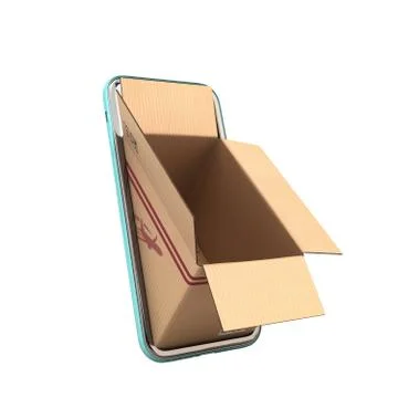 Fast delivery concept empty oprn box peep out of the screen of a mobile phone Stock-Fotos