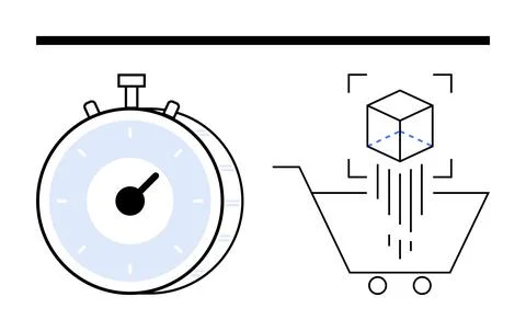 Fast Delivery Concept with Stopwatch and Shopping Cart Featuring a Cube Packa Stock Illustration