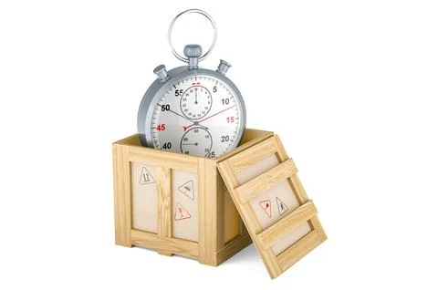 Fast delivery concept, stopwatch inside wooden box, 3D rendering 스톡 일러스트