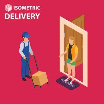 Fast delivery flat isometric vector concept. The Courier stays with the parce Stock Illustration
