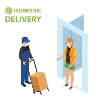 Fast delivery flat isometric vector concept. The Courier stays with the parcel Illustrazione stock